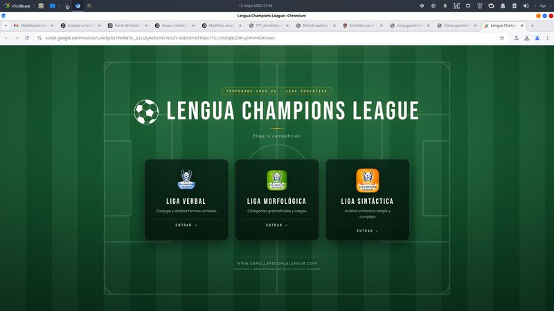 Pantalla principal de Lengua Champions League con las tres ligas: Verbal, Morfológica y Sintáctica